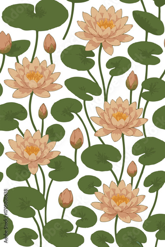 "Seamless Lotus Flower Pattern with Green Leaves – Elegant Botanical Waterlily Design for Textile and Wallpaper"