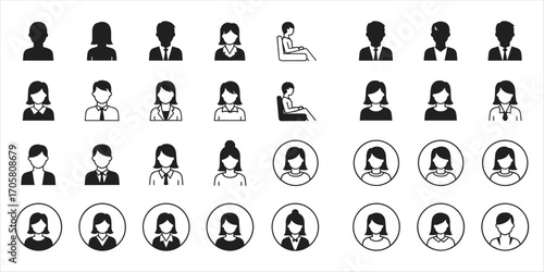Collection of diverse business people icons in silhouette on white background Keywords: icon, silhouette, people, business, man