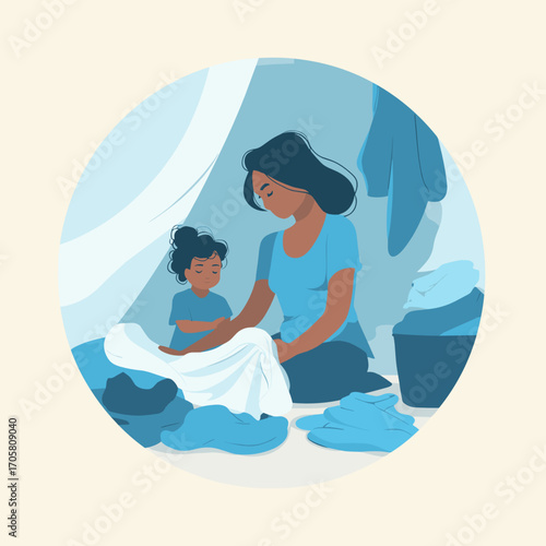 Young woman folding laundry with child in cozy home environment  