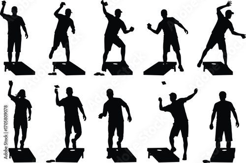 Cornhole players silhouette vector set, outdoor lawn game, throwing bean bags, competitive sport activity, leisure fun, teamwork, summer recreation illustration