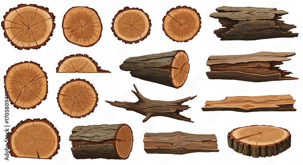Naklejka premium Collection of natural wood slices and bark textures