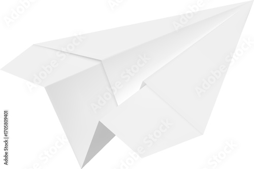 Realistic white paper airplane, origami style, isolated background.