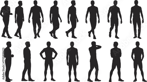 Collection of male silhouettes in casual and formal poses on white background Keywords: male, silhouette, man, standing, walking