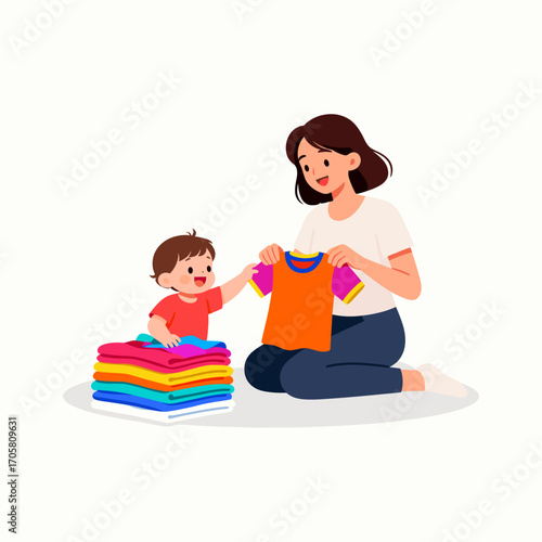 Mother folding laundry with toddler while sitting on the floor  