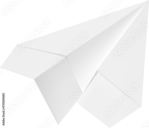 Realistic handmade paper plane 3d vector icon, white paper sheet folded into airplane shape, origami aircraft model