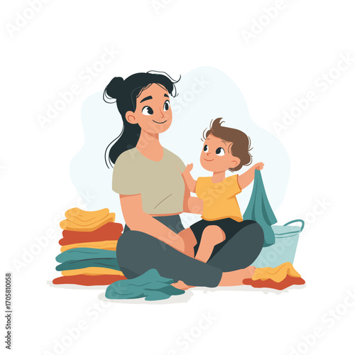 Mother playing with toddler while sorting laundry at home  