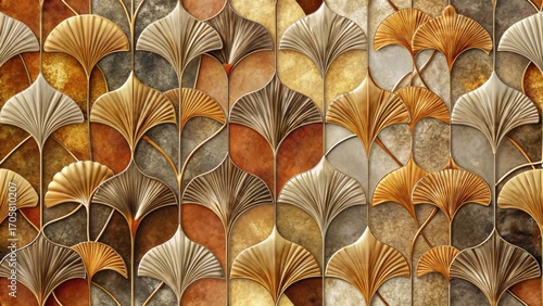 Intricate Golden and Beige Leaf Pattern, Elegant Textured Wall Decor, Sophisticated Geometric Design, Ideal for Interior Design Projects