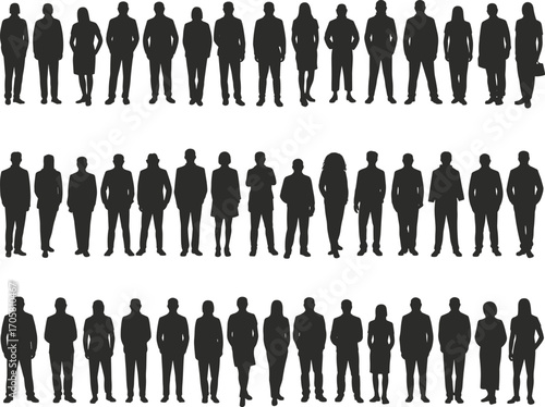 Diverse collection of standing human silhouettes in business attire and casual wear people group