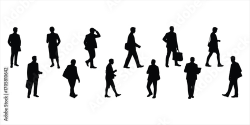 Diverse Group Of Business People Silhouettes In Various Poses And Actions On White Background vector