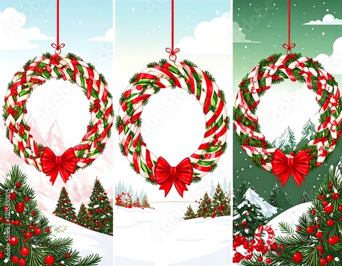 Three Christmas wreaths, red, white, and candy cane stripes, hanging against winter scenes with snow-covered mountains and evergreen trees