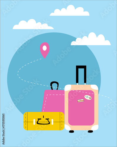 Suitcases in nature – travel, freedom and exploration concept.Travel concept with two suitcases on earth background under cloudy sky