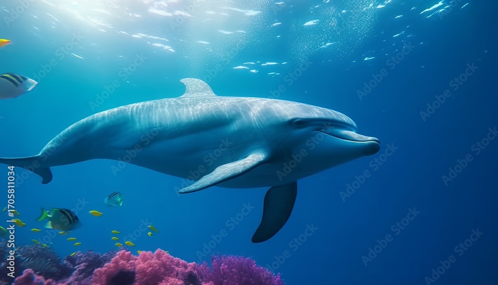 Fototapeta premium Dolphin swimming in the under sea , Beautiful Underwater and colorfull coral in wild nature of the Pacific Ocean