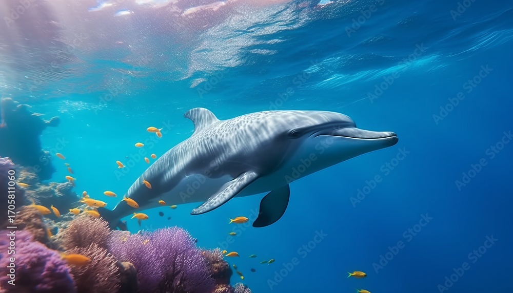 Obraz premium Dolphin swimming in the under sea , Beautiful Underwater and colorfull coral in wild nature of the Pacific Ocean