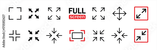 Full screen vector black icons. Set of full screen and exit full screen icon. Arrow mark icons. Scalability icons in flat style for web site, UI, mobile app. Vector illustration