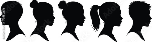 Five Black Silhouette Female And Male Head Profiles With Different Hairstyles On White Background avatar