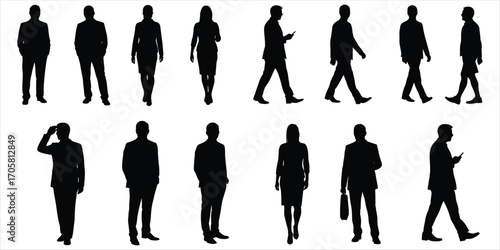Fifteen Business People Silhouettes In Various Poses On White Background woman