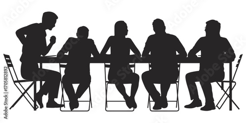 Five Business People Silhouettes Sitting Around a Table on White Background Keywords: business, people, silhouette, sitting