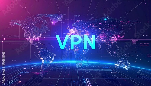 Global VPN network, digital world map