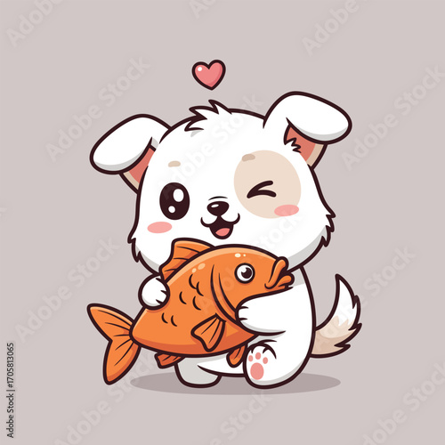 A cute cartoon puppy winking and hugging a big orange fish with a heart.