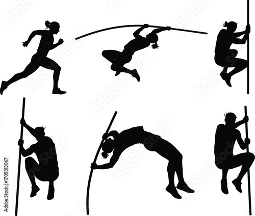 Female pole vaulter silhouette in various dynamic poses, athletic movement, track and field, jumping, competition, fitness, sports, training, motion.