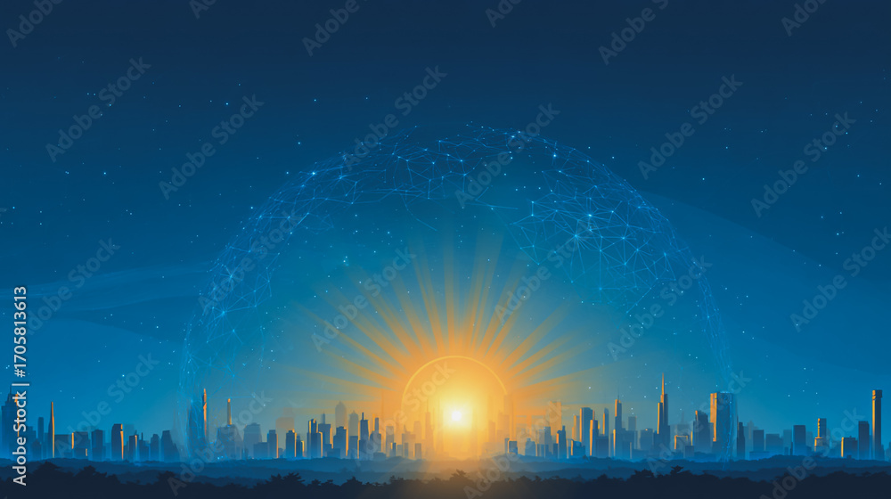 Fototapeta premium Sunshine in the Smart digital Innovation city with connection network reciprocity over the cityscape. of future smart wireless digital city and social media networking systems that connects pe