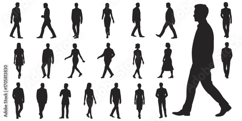 Large group of diverse male and female business people in silhouette walking and standing women