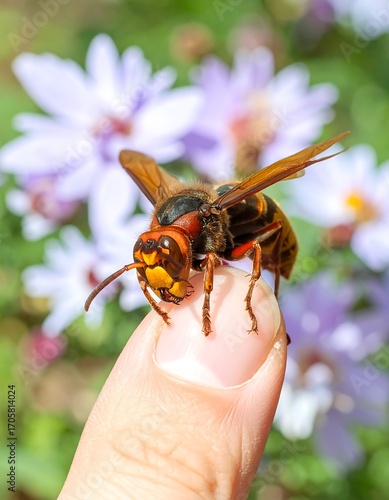 Close-up of a hornet on a fingertip, surrounded by flowers