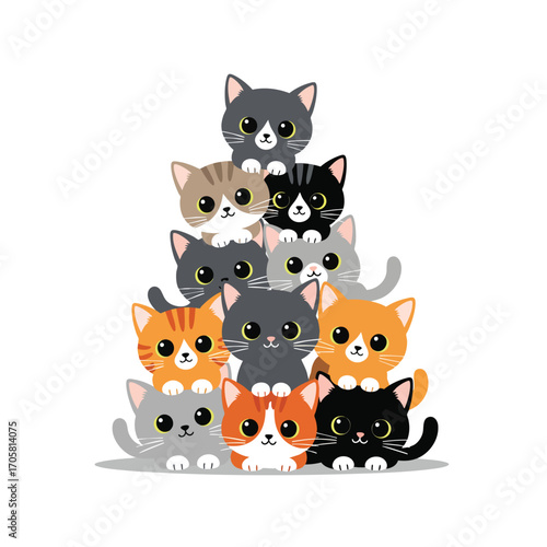 A cute pyramid of stacked cartoon cats and kittens with big adorable eyes.