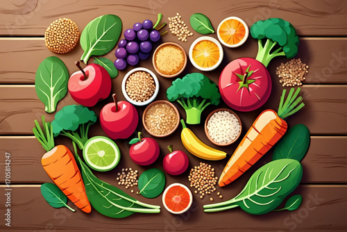 Vibrant assortment of fresh fruits vegetables and grains on wood
