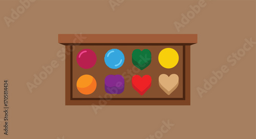 Chocolate Box Delights: An overhead shot of a box containing chocolate-shaped in various forms, each with unique flavors, presenting an inviting and delightful indulgence.