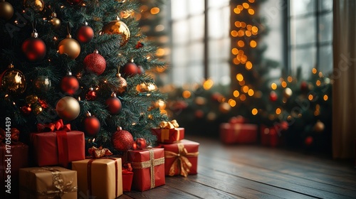 Decorated Christmas tree with presents under it near a window with warm lights.