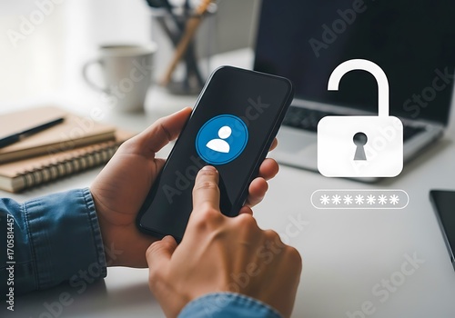 Person using smartphone for secure account access with fingerprint