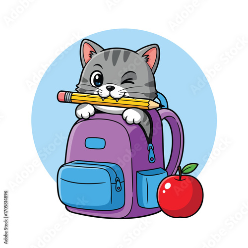 A cute winking tabby cat holding a pencil inside a purple school backpack with an apple.