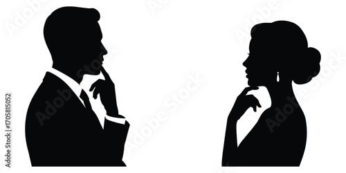 Silhouette of a man and a woman in formal attire contemplating each other profile facing