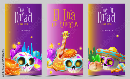Dia de Los Muertos day 3D design vector set, Mexican Day of the dead symbols, Calavera painted sugar skull, marigold
