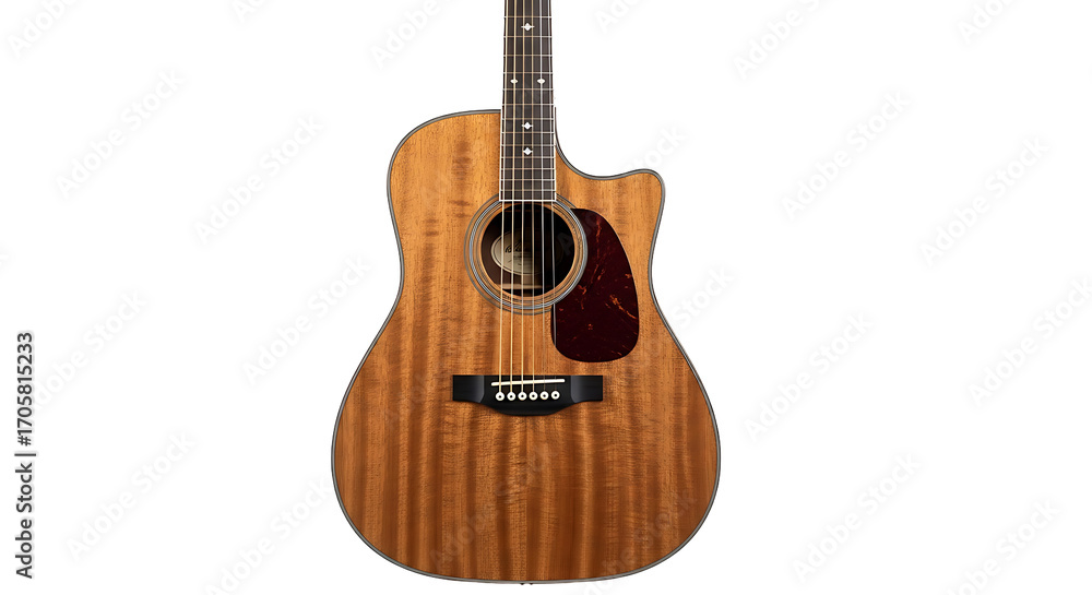 Fototapeta premium A well-lit, full shot of a classic wooden acoustic guitar against a black backdrop.