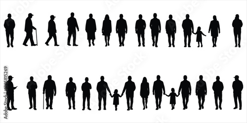 Silhouettes of adults and children walking and standing in two rows Keywords: people, adults, children, family, group
