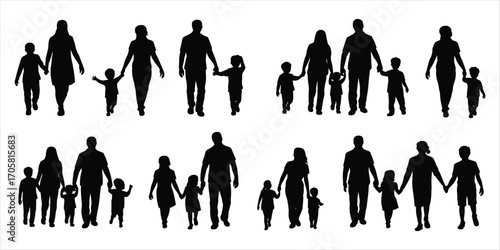 Silhouettes of families walking together holding hands with children on white background Keywords: family, father, mother, child