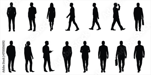 Silhouettes of men and women in business attire walking and standing Keywords: people, business, men, women, silhouette, walking