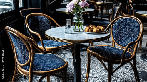 Elegant bistro table setting: pastries, flowers, and dark blue chairs