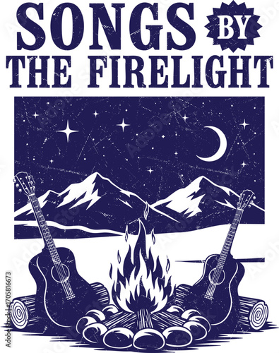 Vintage Campfire Music Poster with Guitars, Fire, and Mountain Night Scene - "Songs by the Firelight" Design