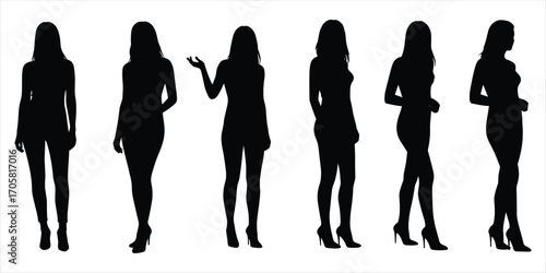 Six black female silhouettes in dresses and high heels on white background Keywords: silhouette, woman, female, girl, person