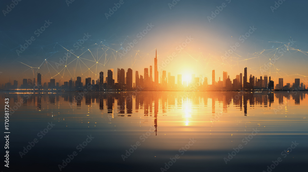 Fototapeta premium Sunshine in the Smart digital Innovation city with connection network reciprocity over the cityscape. of future smart wireless digital city and social media networking systems that connects peo