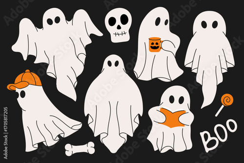 Spooky ghosts. Halloween flying phantoms in white cloth, cute scary ghostly monsters, cartoon fantasy ghost characters and trick or treat elements. Vector isolated set