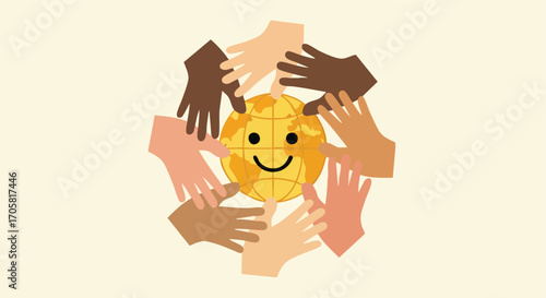 United Hands Embrace the Globe: Symbolizing global unity and harmony, a circle of diverse hands gently embrace a smiling globe, expressing love and acceptance for every being.