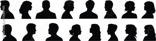 Sixteen diverse human head profile silhouettes in two rows on white background people group