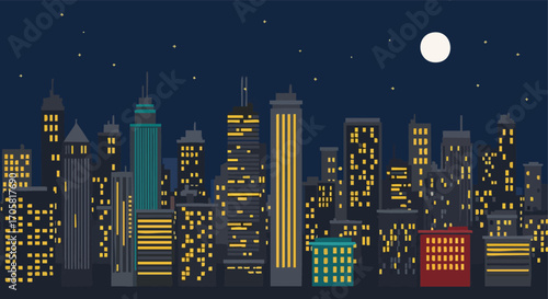 Cityscape at Night: An illuminated skyline of a bustling metropolis under the serene glow of the moon and stars, presenting a blend of architectural styles and the vibrant pulse of urban life.