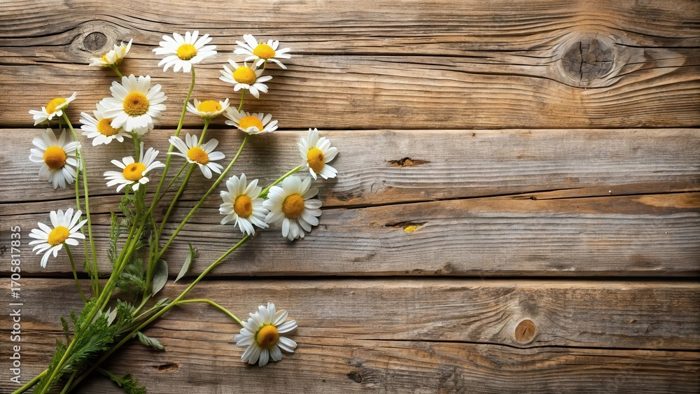 Obraz premium Rustic Wooden Surface Adorned with a Delicate Bouquet of Freshly Picked Daisies