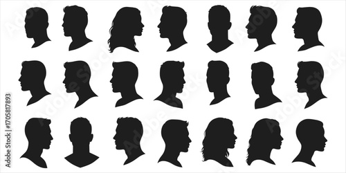 Twenty- Four Male and Female Head Silhouettes In Profile On White Background vector illustration