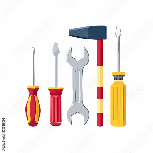 Vector illustration of a set of essential hand tools for repair and construction, including a hammer, spanner, and various screwdrivers